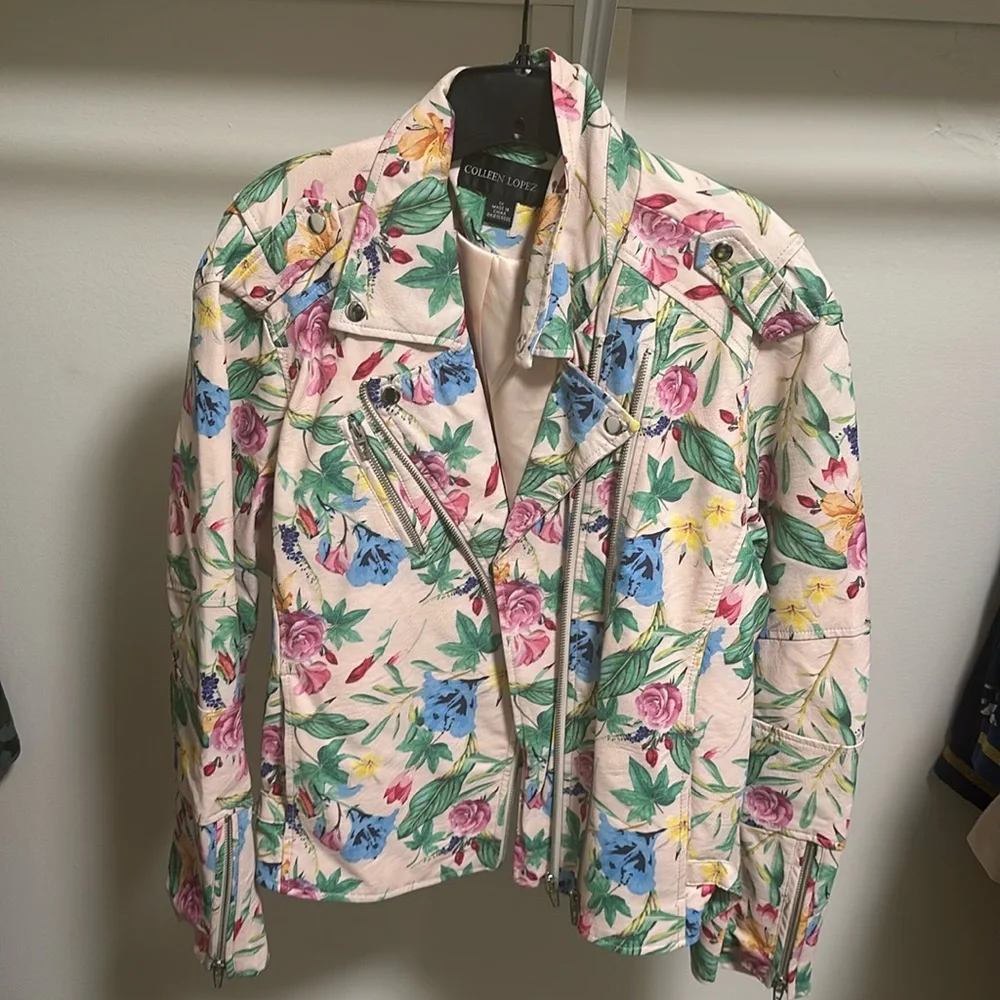 Pink floral moto jacket faux leather - Picture 1 of 2